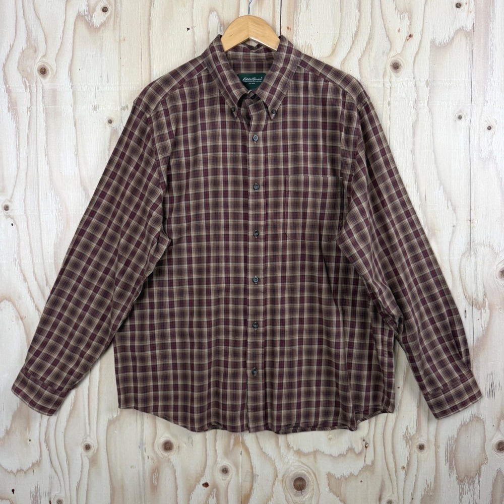 Eddie Bauer Plaid Button Down Mens XL Brown Long Sleeve 100% Cotton Outdoor